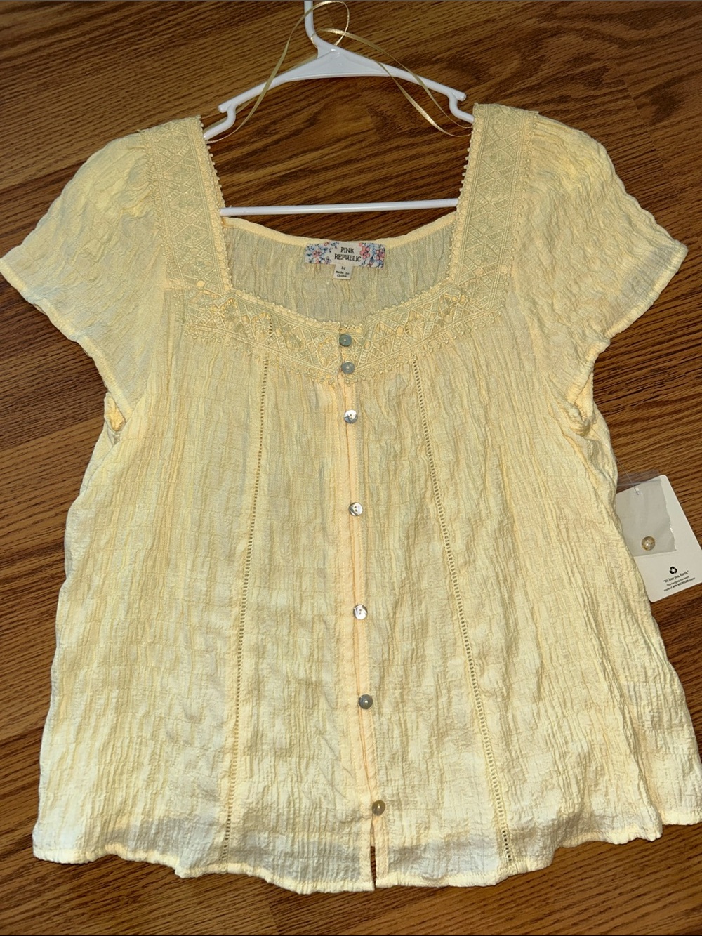 Pink Republic Pale Yellow Button-Front Peasant Blouse